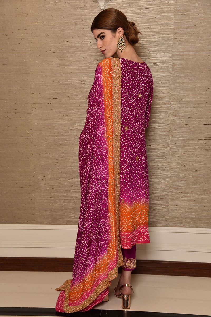 Pakistani Magenta Zardozi Crepe Silk Angrakha (3-Piece) - Image 3