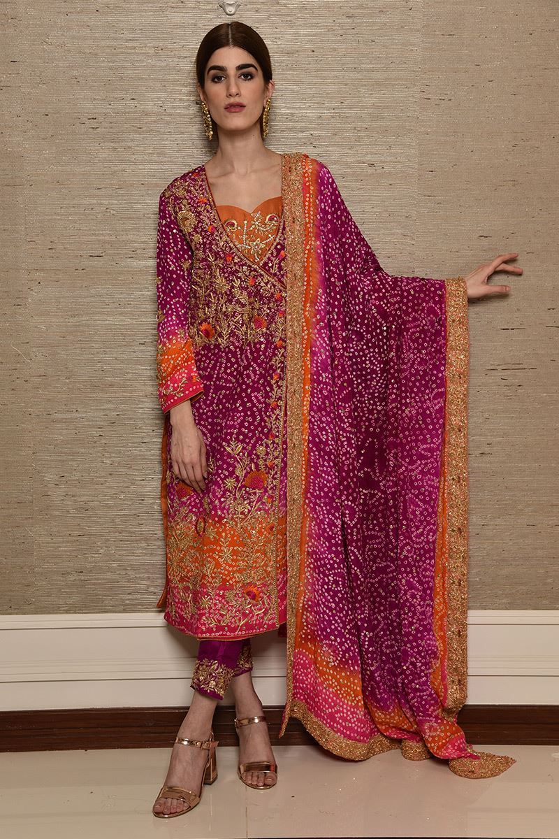 Pakistani Magenta Zardozi Crepe Silk Angrakha (3-Piece) - Image 4