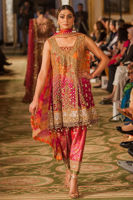 Pakistani Fuschia Orange Embroidered Silk Angarkha (3-Piece) - Image 2