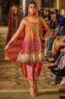 Pakistani Fuschia Orange Embroidered Silk Angarkha (3-Piece) - Image 3