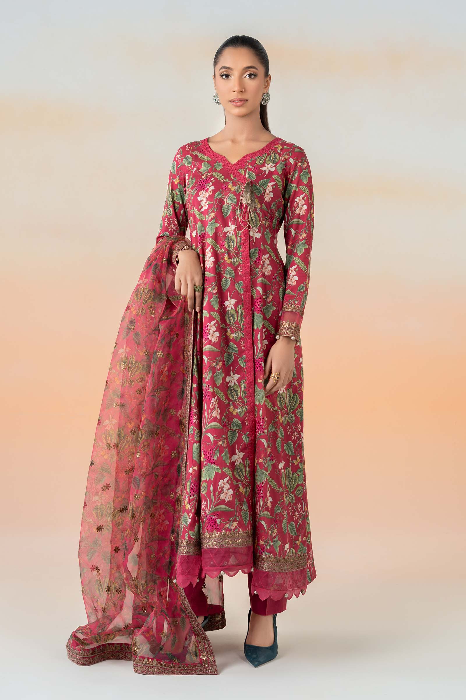 Pink Embroidered Lawn Angrakha Dress (3-Piece) - Image 1