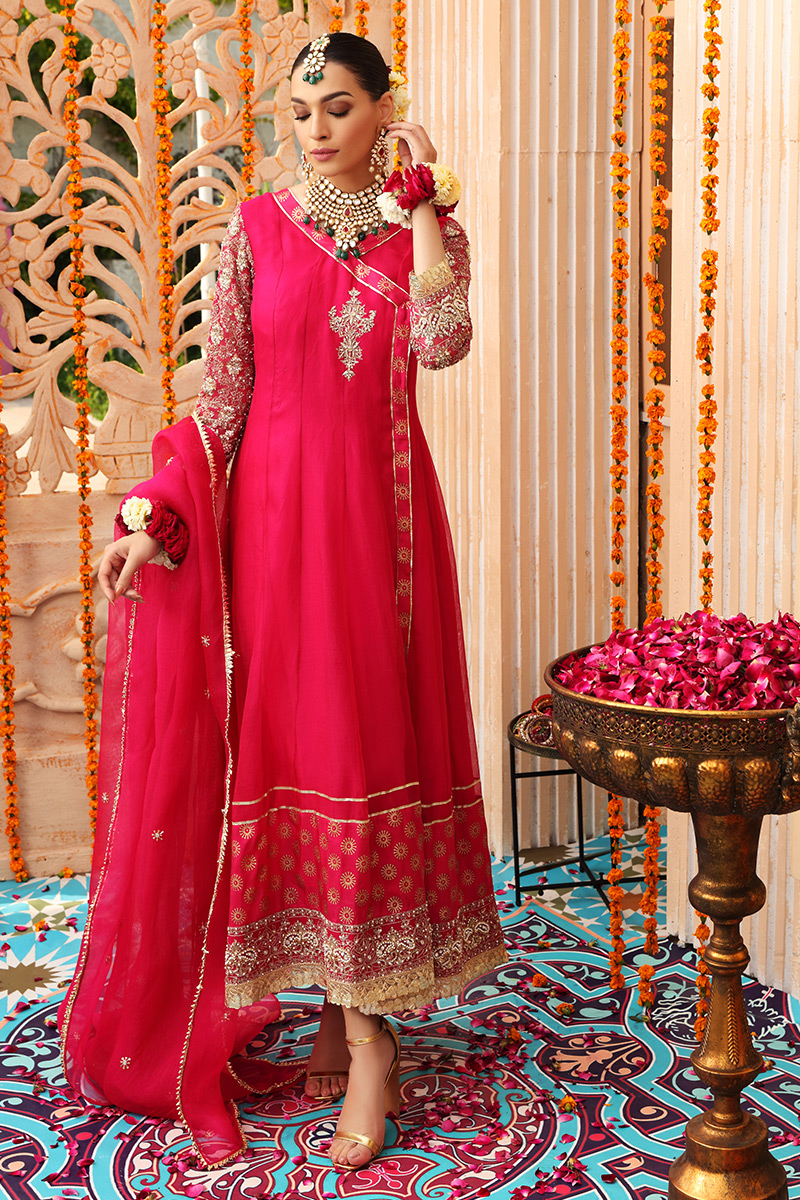 Shocking Pink Zardozi Organza Net Angrakha (3-Piece) - Image 1