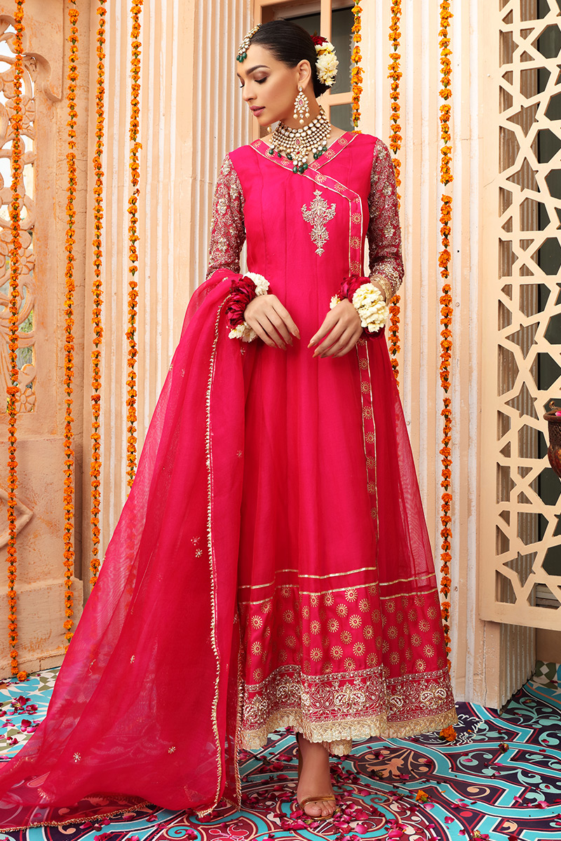 Shocking Pink Zardozi Organza Net Angrakha (3-Piece) - Image 2