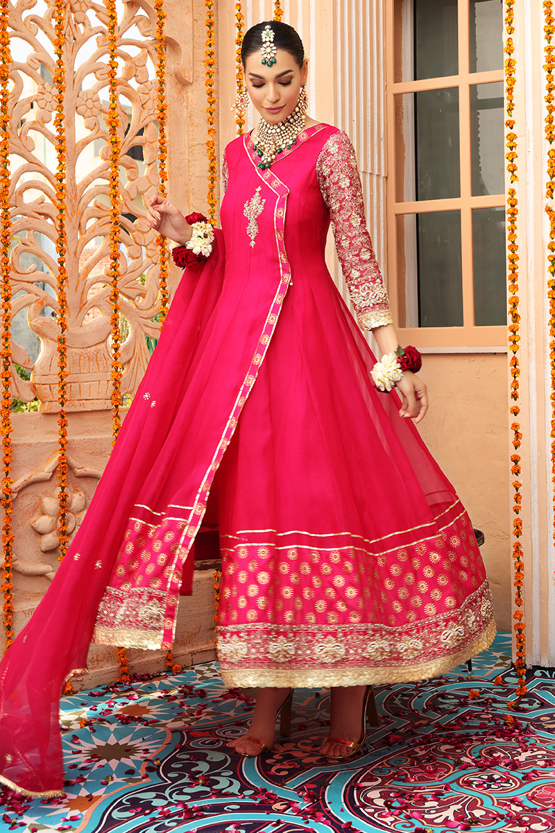 Shocking Pink Zardozi Organza Net Angrakha (3-Piece) - Image 3