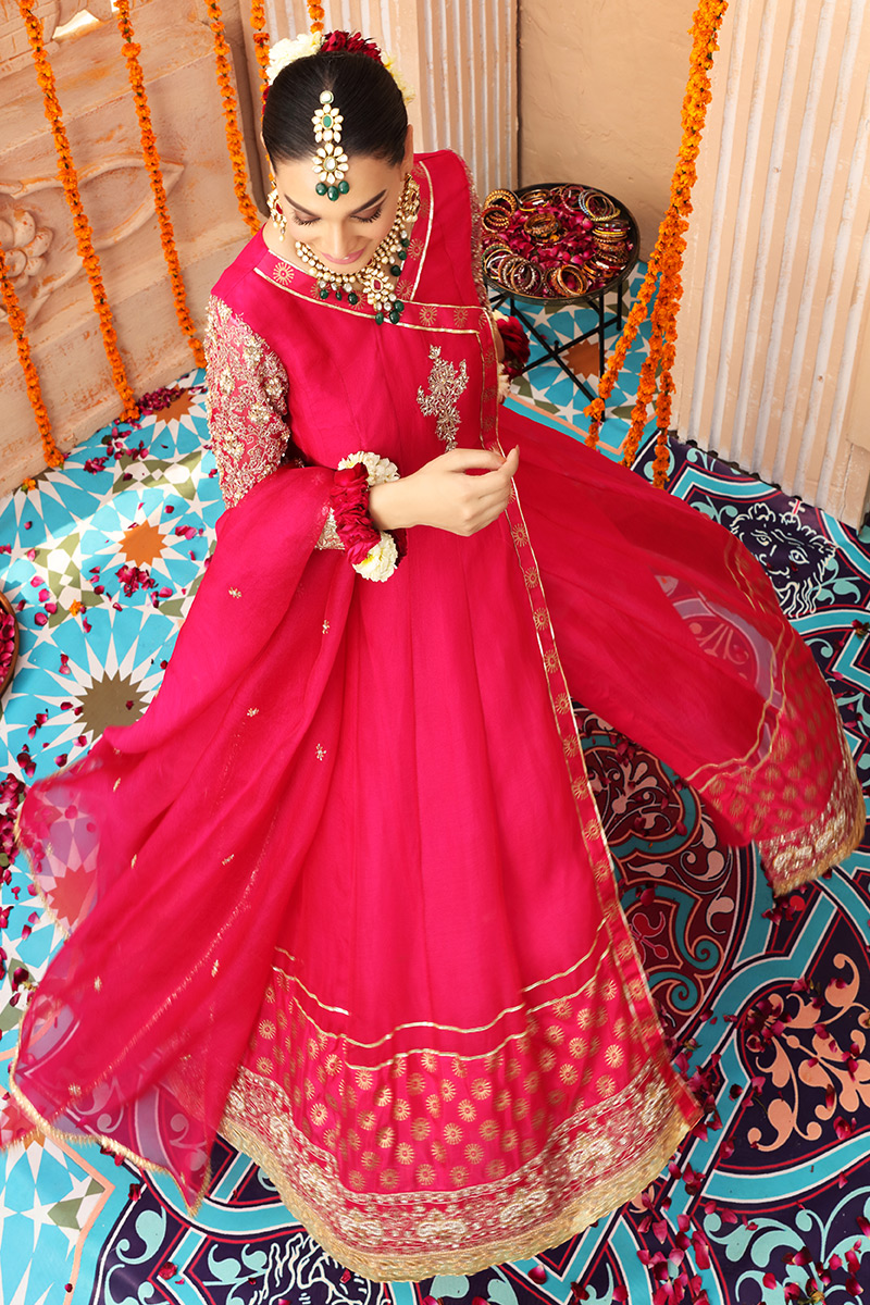 Shocking Pink Zardozi Organza Net Angrakha (3-Piece) - Image 4
