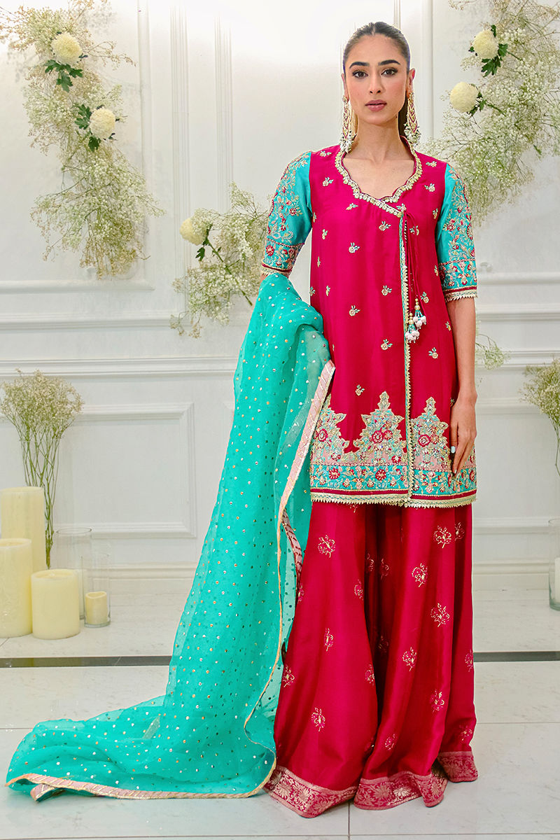 Fuchsia Aqua Embroidered Raw Silk Angharkha (3-Piece) - Image 1