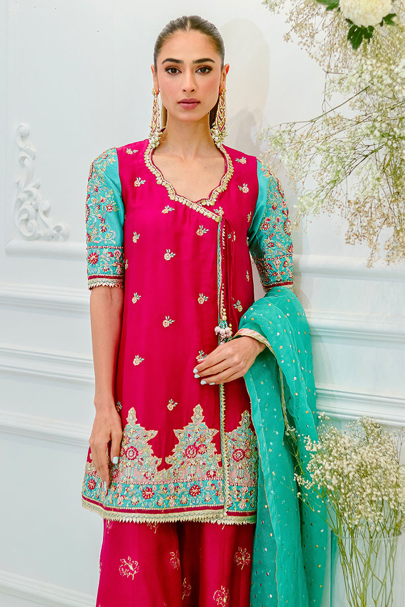 Fuchsia Aqua Embroidered Raw Silk Angharkha (3-Piece) - Image 2