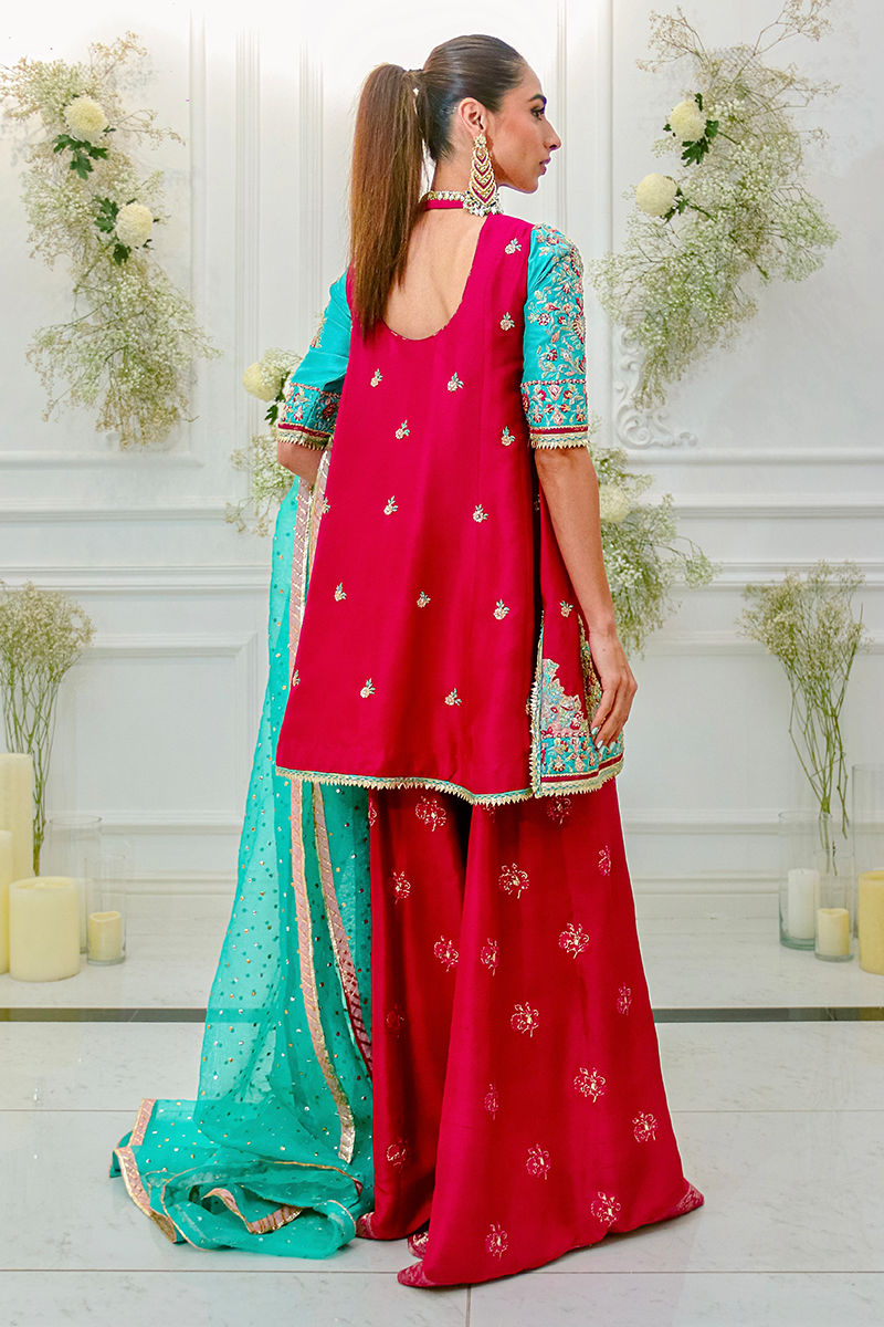 Fuchsia Aqua Embroidered Raw Silk Angharkha (3-Piece) - Image 3