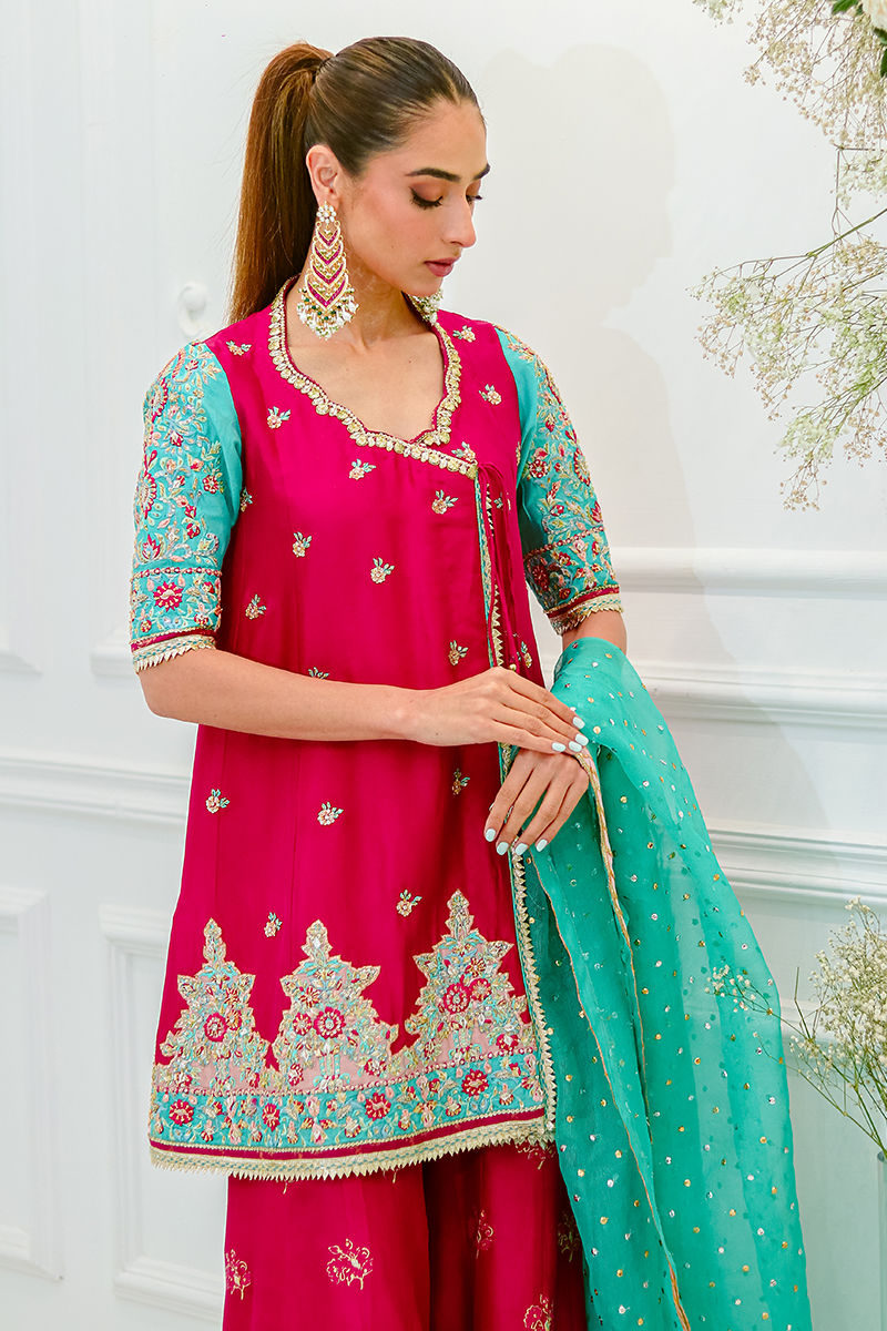 Fuchsia Aqua Embroidered Raw Silk Angharkha (3-Piece) - Image 4