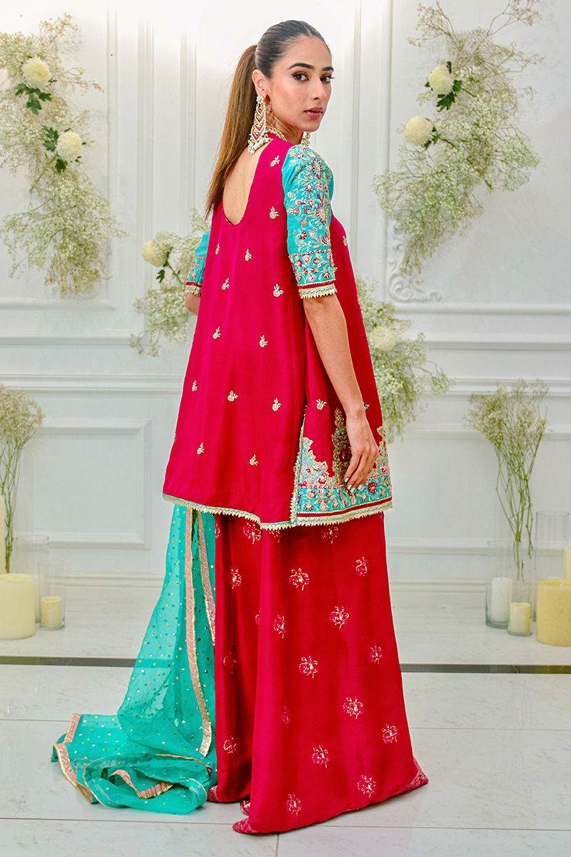 Fuchsia Aqua Embroidered Raw Silk Angharkha (3-Piece) - Image 5