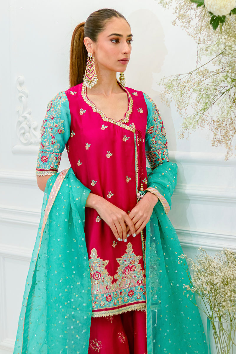 Fuchsia Aqua Embroidered Raw Silk Angharkha (3-Piece) - Image 6