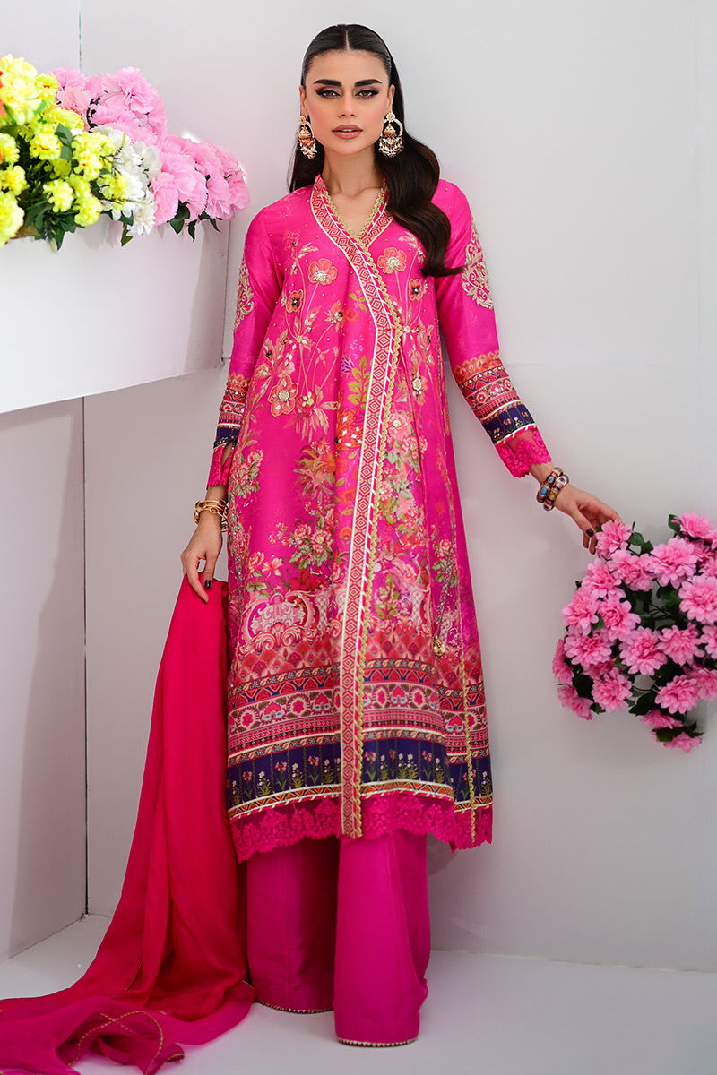 Pakistani Fuchsia Handworked Raw Silk Angharkha (3-Piece) - Image 1