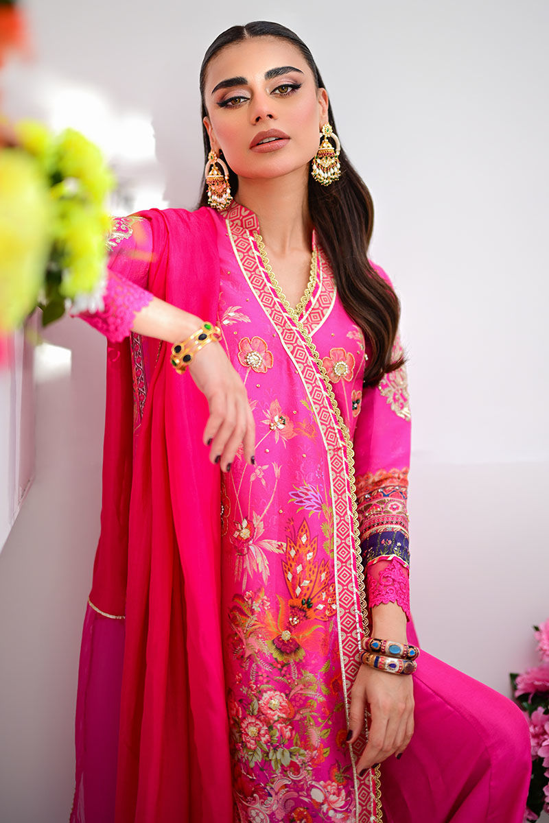 Pakistani Fuchsia Handworked Raw Silk Angharkha (3-Piece) - Image 2