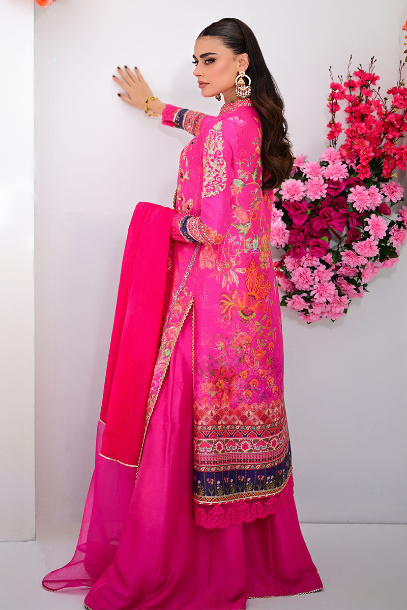 Pakistani Fuchsia Handworked Raw Silk Angharkha (3-Piece) - Image 3