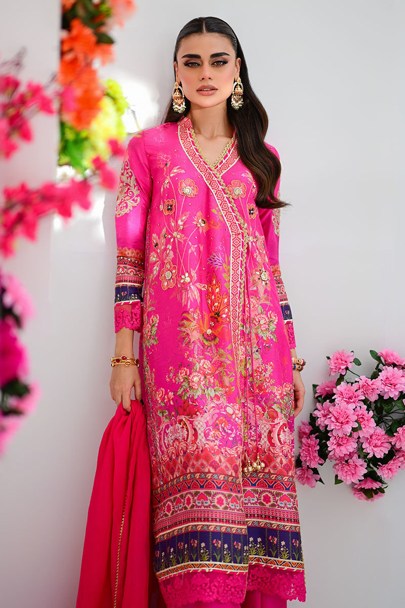 Pakistani Fuchsia Handworked Raw Silk Angharkha (3-Piece) - Image 4