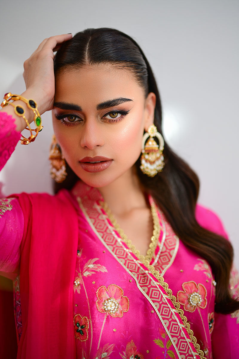 Pakistani Fuchsia Handworked Raw Silk Angharkha (3-Piece) - Image 5