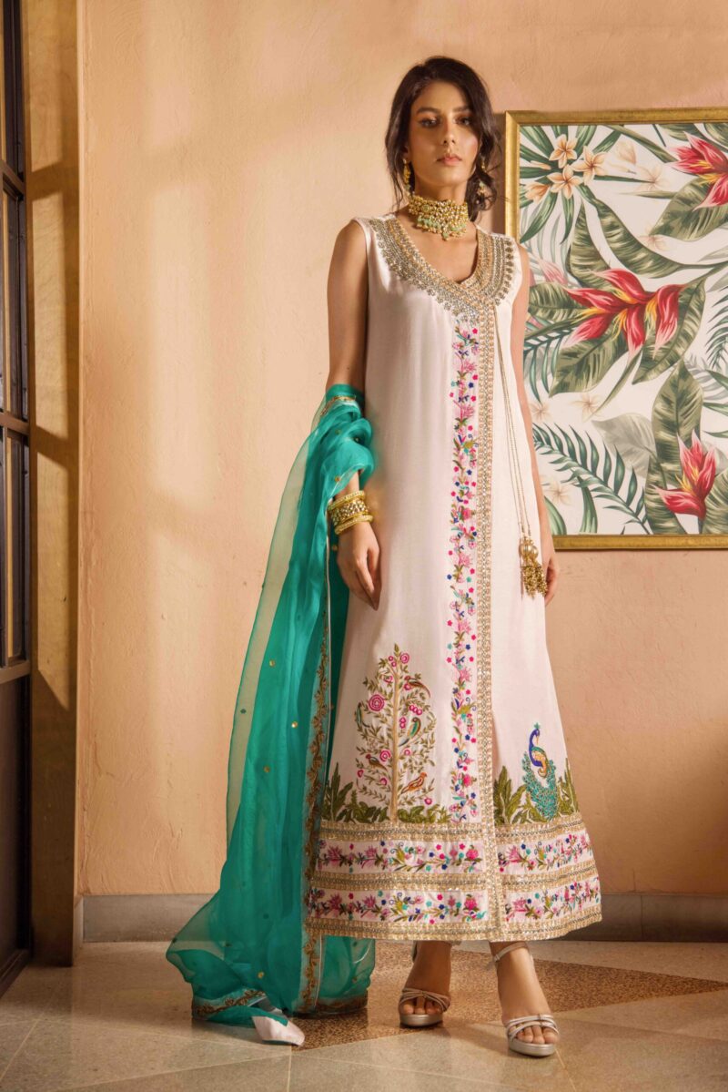 Pale Pink Arri Embroidered Silk Angarkha (3-Piece) - Image 1