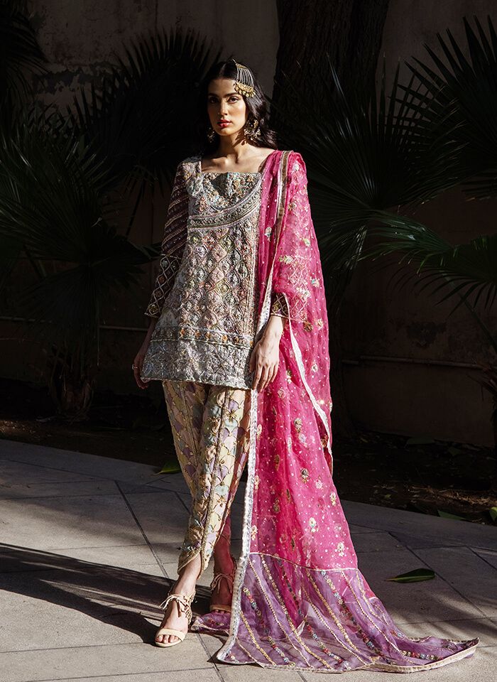 Multi-Colour Hand-Embroidered Silk-Blend Angrakha (3-Piece) - Image 1