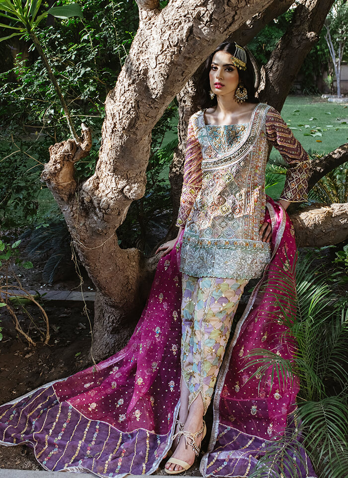 Multi-Colour Hand-Embroidered Silk-Blend Angrakha (3-Piece) - Image 2