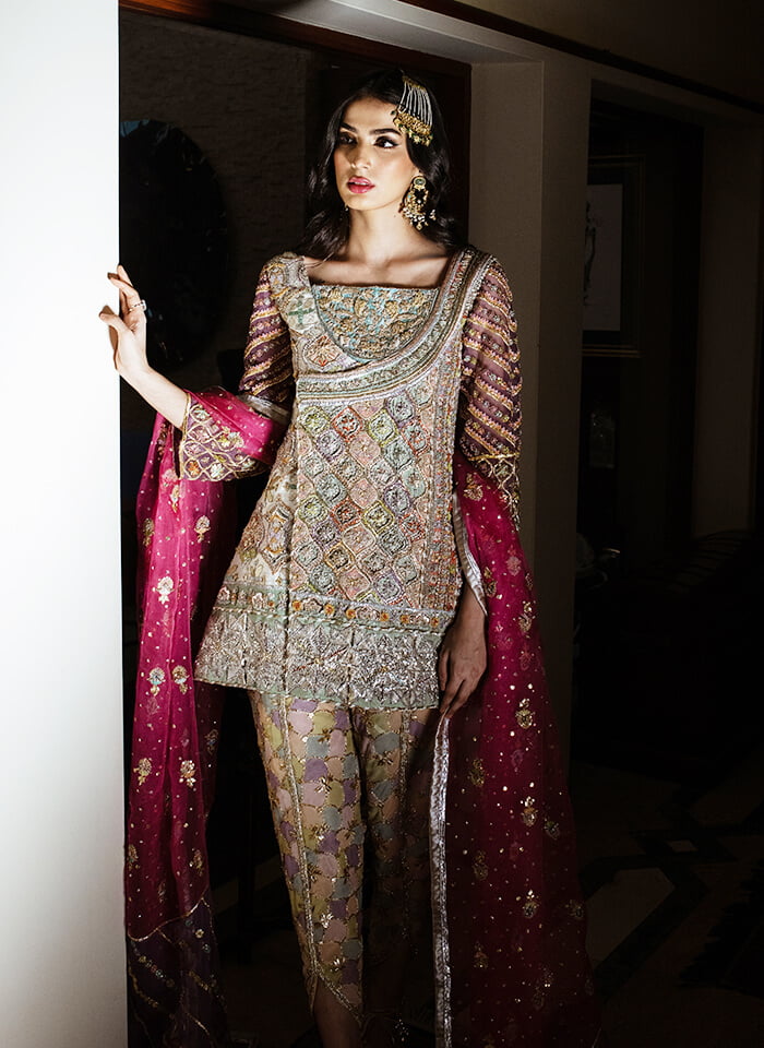 Multi-Colour Hand-Embroidered Silk-Blend Angrakha (3-Piece) - Image 5