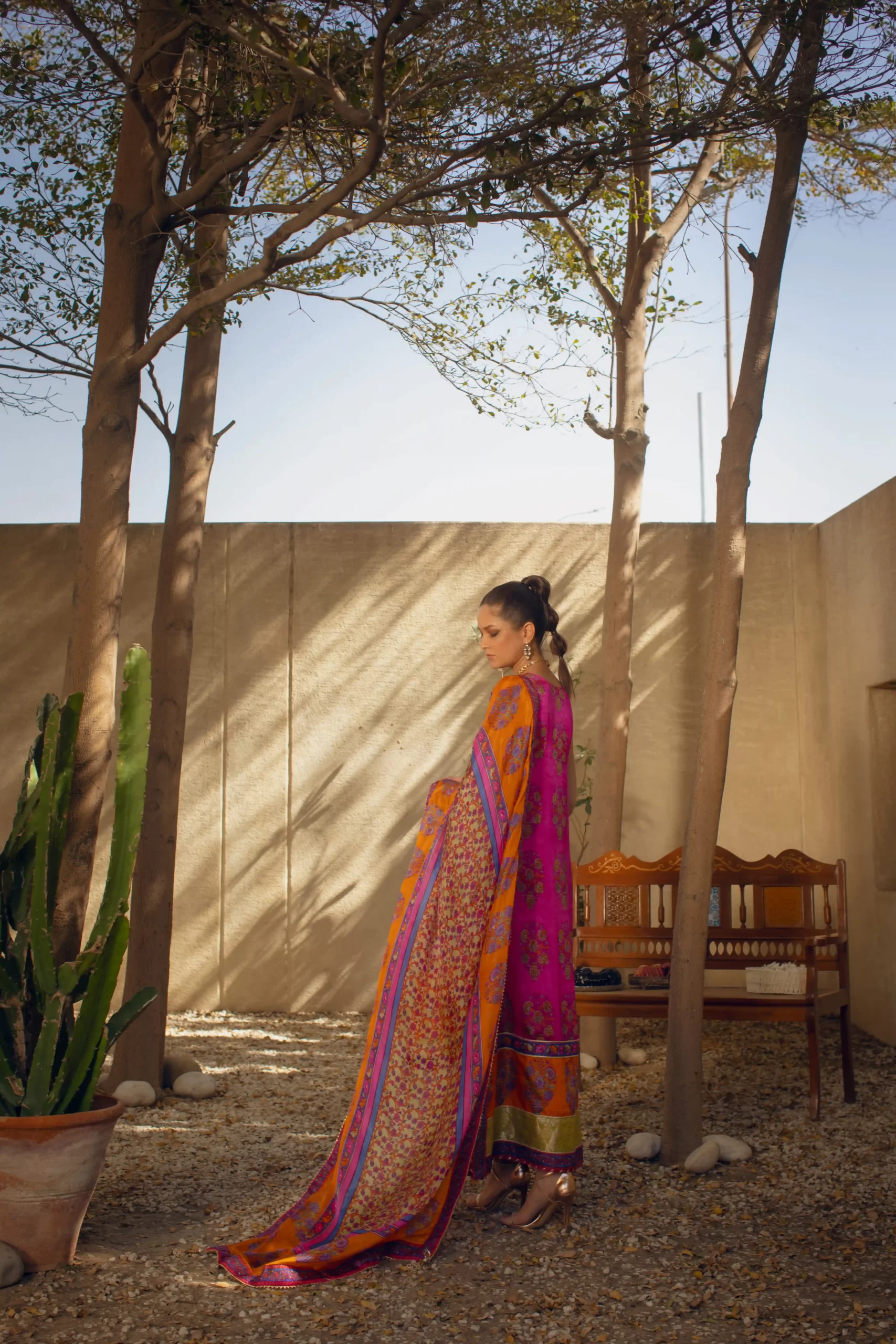 Hot Pink & Green Block Printed Silk Angrakha (3-Piece) - Image 1