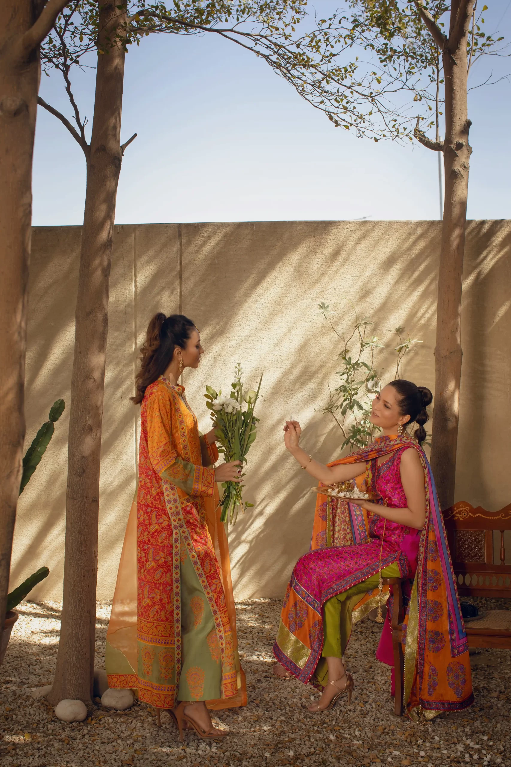 Hot Pink & Green Block Printed Silk Angrakha (3-Piece) - Image 2