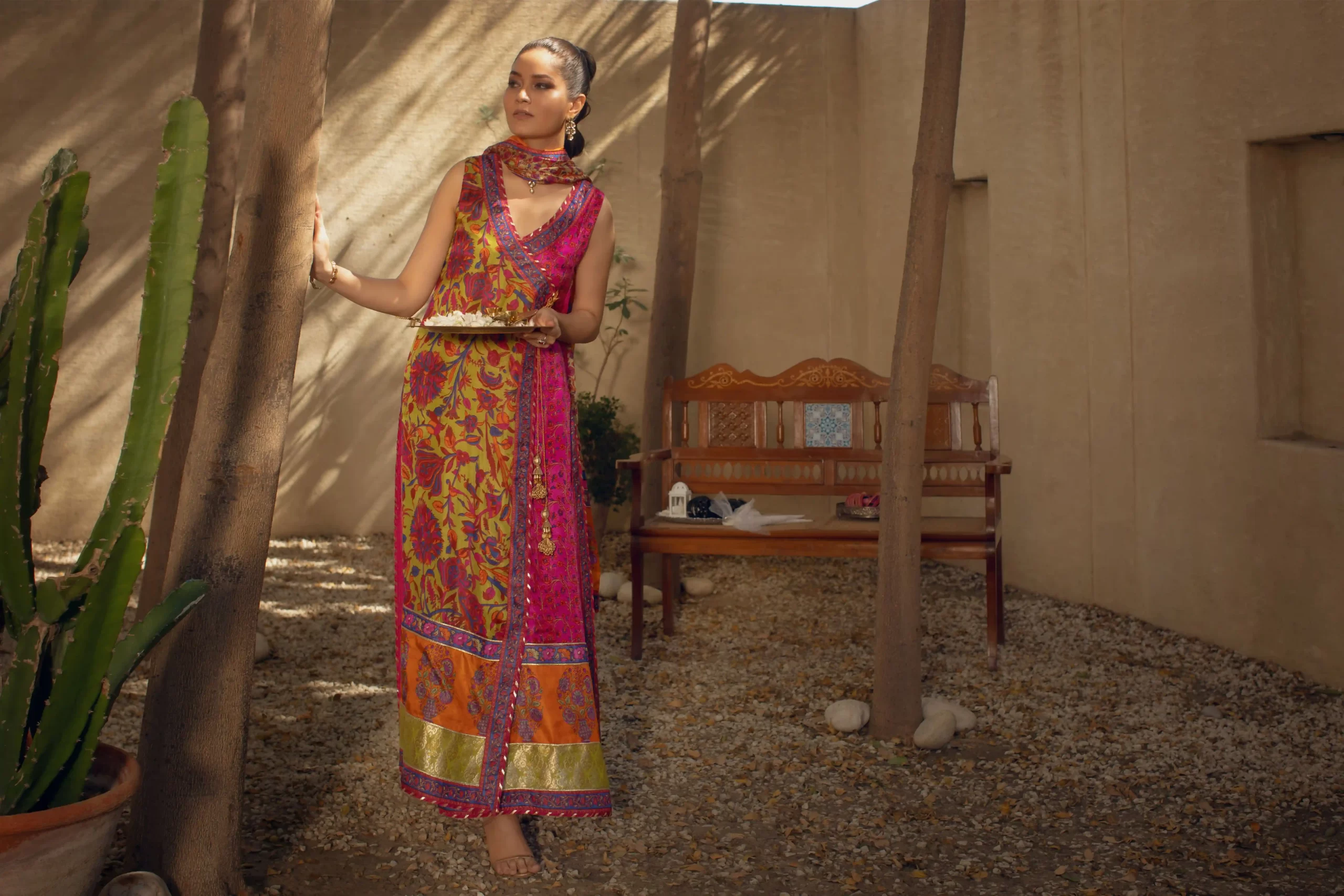 Hot Pink & Green Block Printed Silk Angrakha (3-Piece) - Image 3