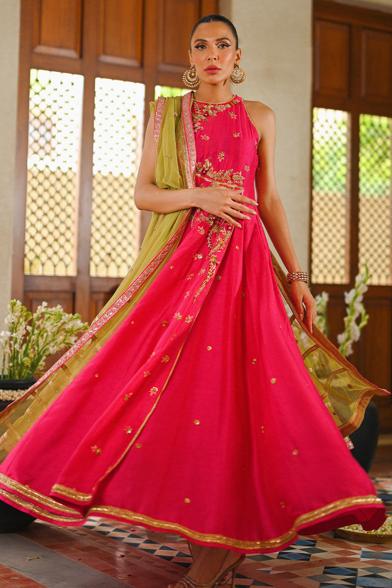 Hot Pink Embroidered Silk Angrakha (3-Piece) - Image 1