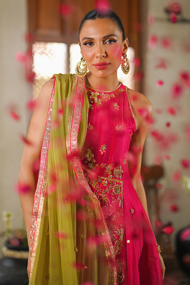 Hot Pink Embroidered Silk Angrakha (3-Piece) - Image 2