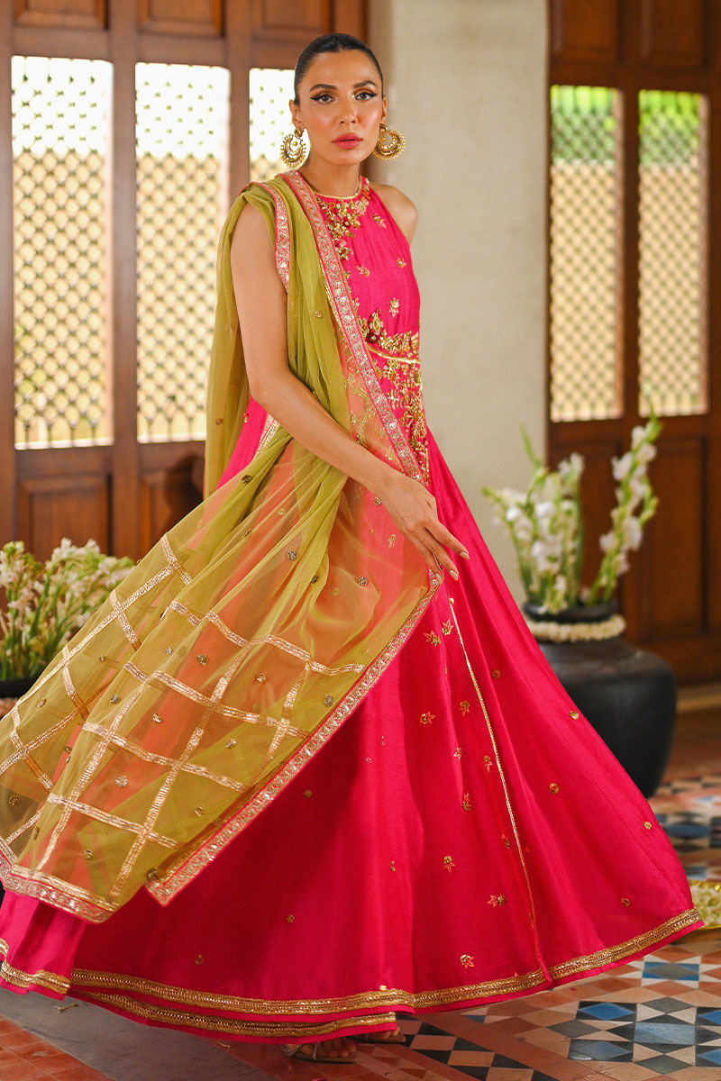 Hot Pink Embroidered Silk Angrakha (3-Piece) - Image 3