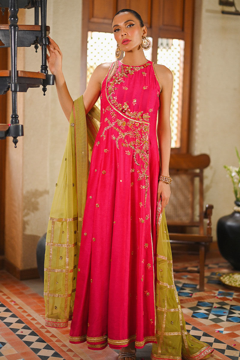 Hot Pink Embroidered Silk Angrakha (3-Piece) - Image 4