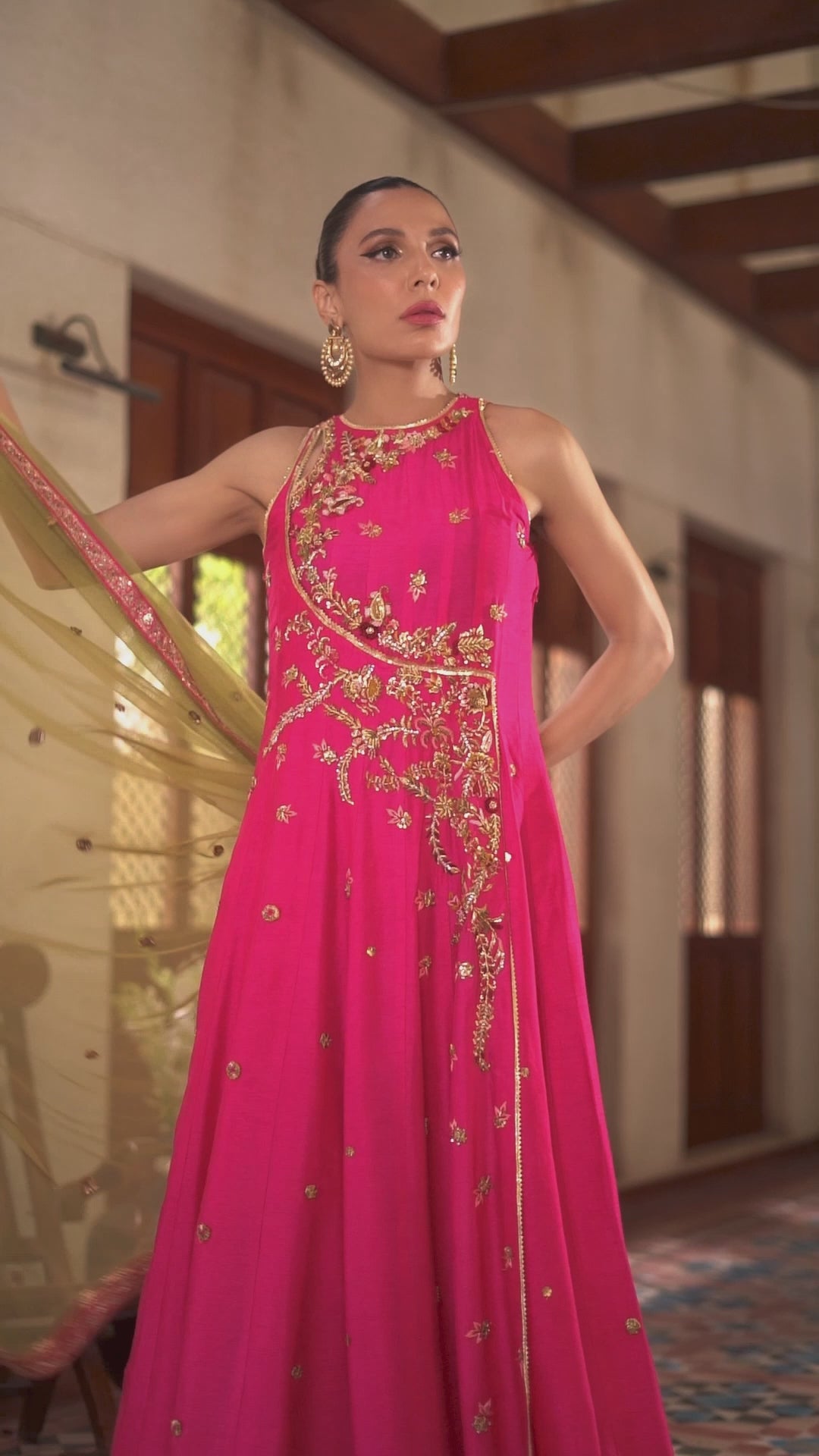 Hot Pink Embroidered Silk Angrakha (3-Piece) - Image 8