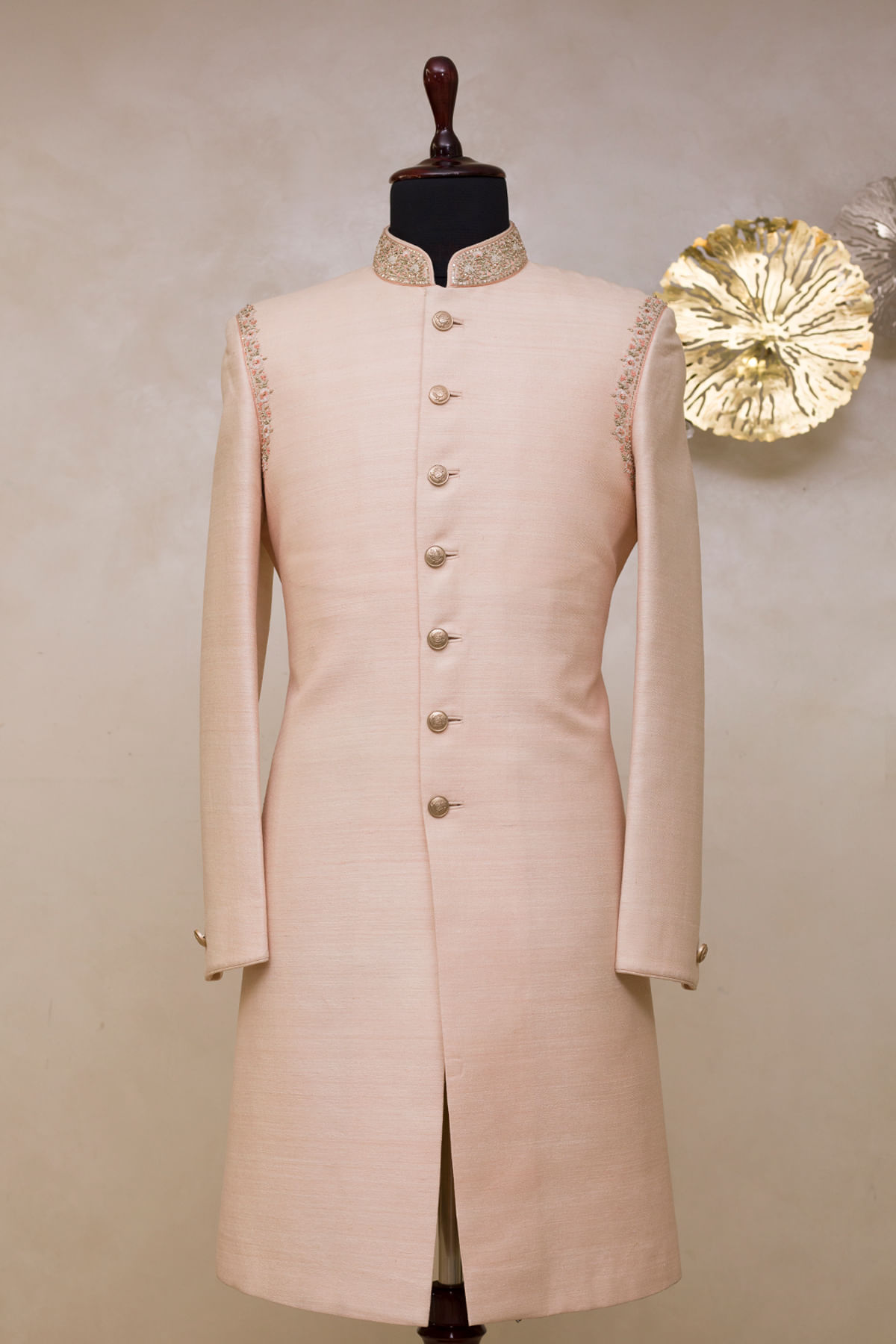 Pale Pink Embroidered Raw Silk Achkan (2-Piece) - Image 1