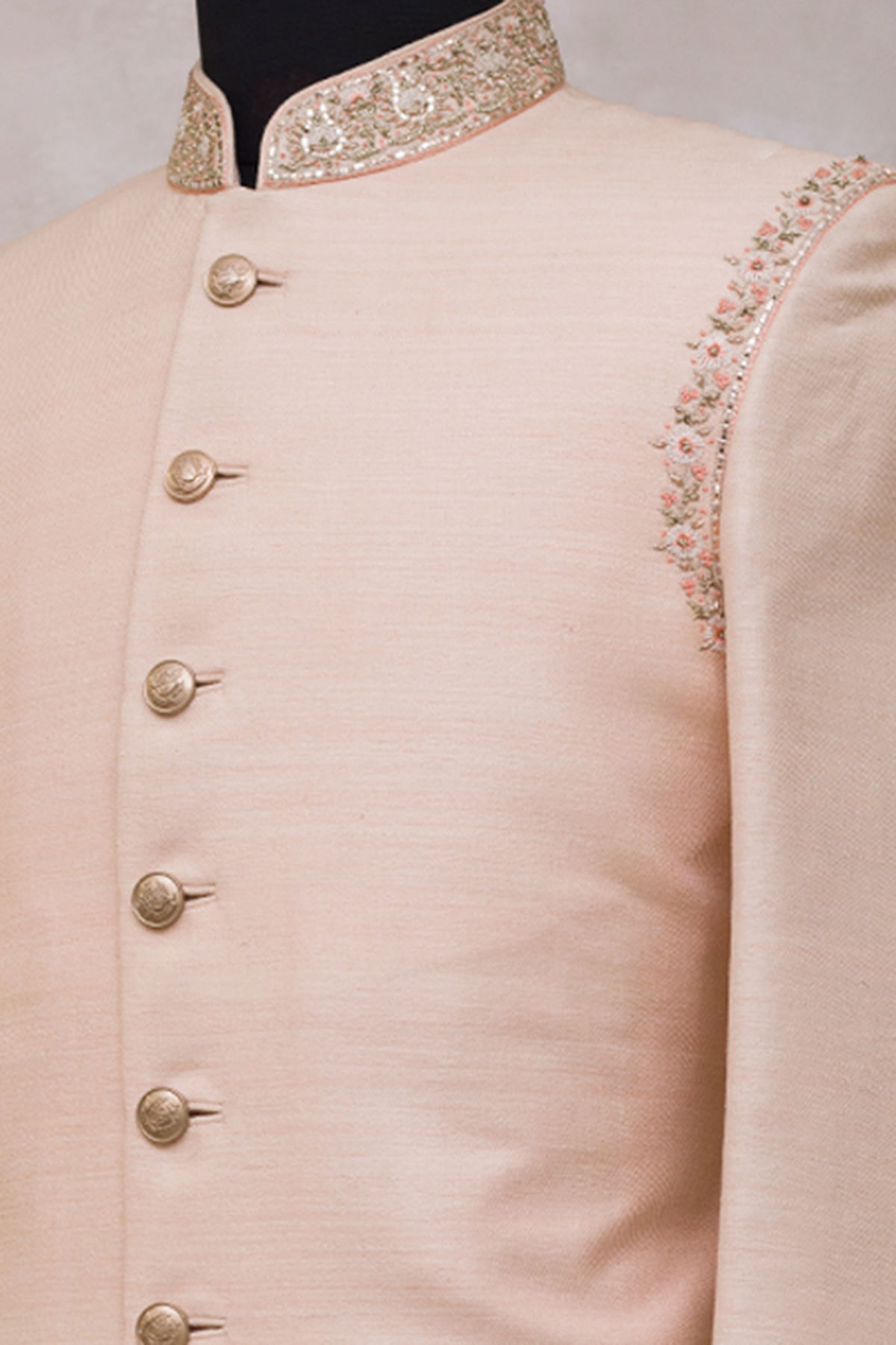 Pale Pink Embroidered Raw Silk Achkan (2-Piece) - Image 2