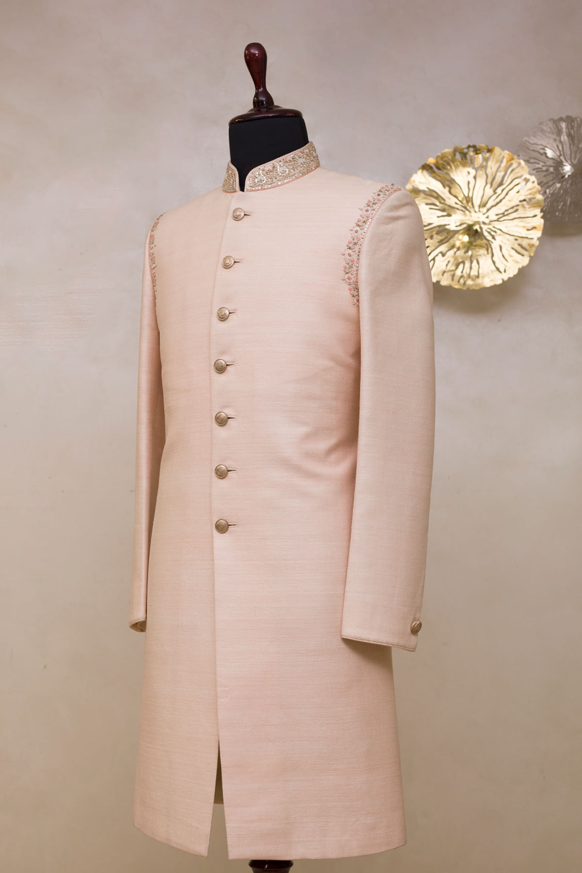 Pale Pink Embroidered Raw Silk Achkan (2-Piece) - Image 3