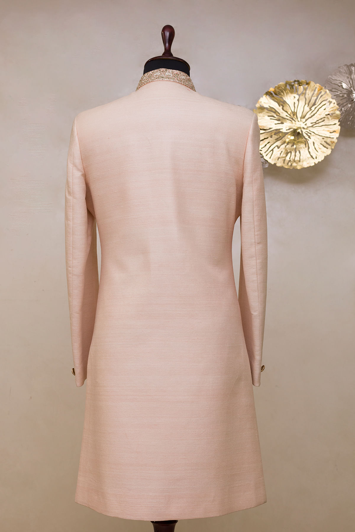 Pale Pink Embroidered Raw Silk Achkan (2-Piece) - Image 4