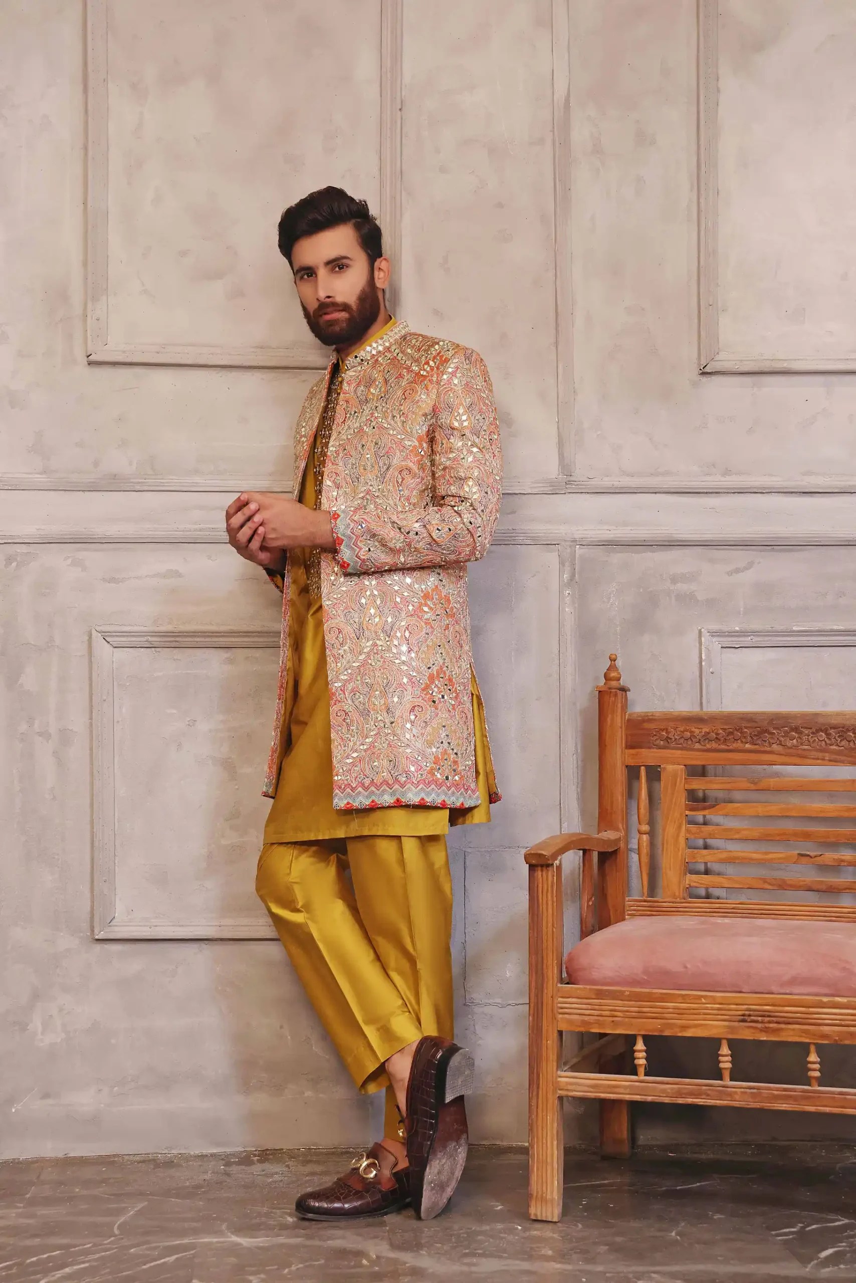 Salmon Gold Mirror Work Coat Fabric Achkan Sherwani (3-Piece) - Image 1