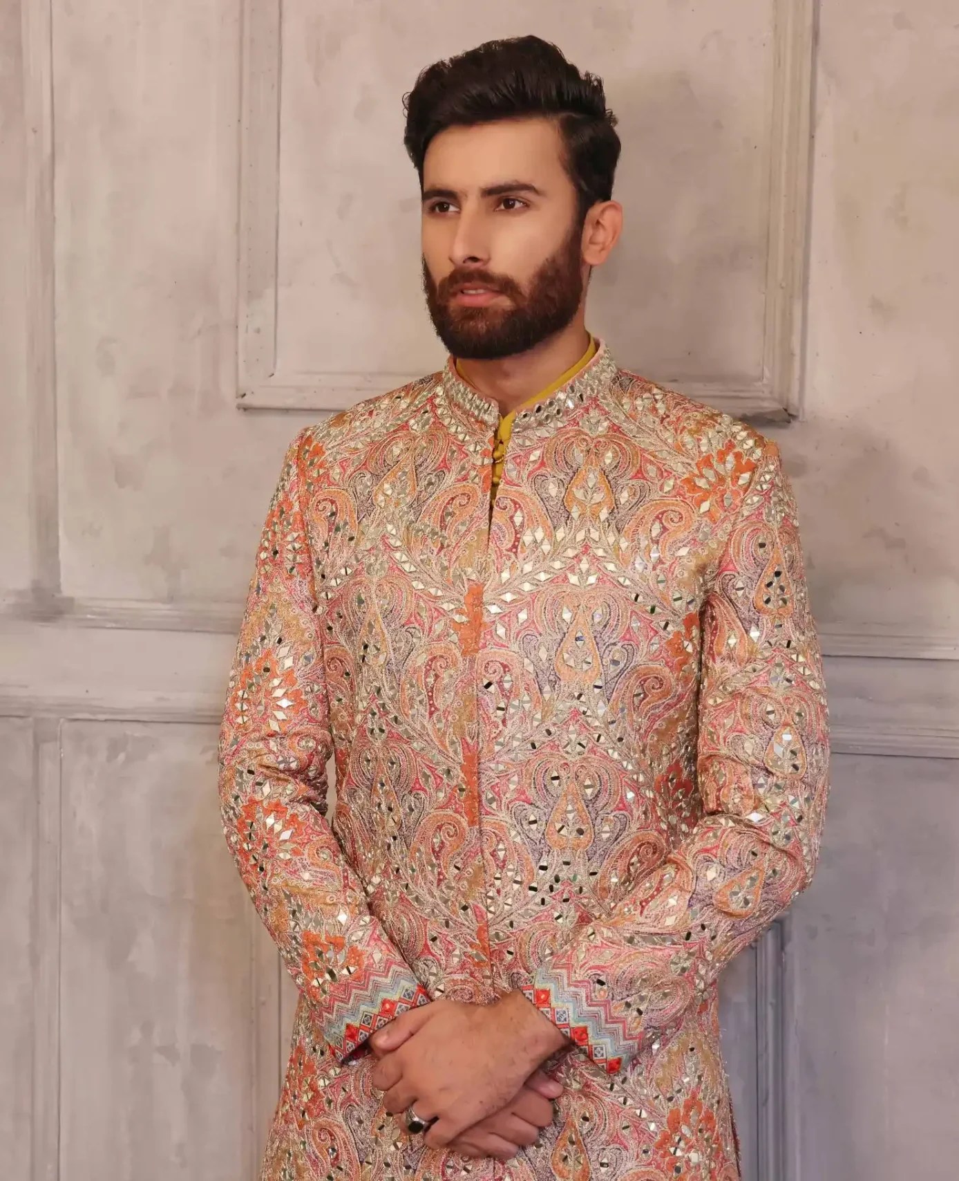 Salmon Gold Mirror Work Coat Fabric Achkan Sherwani (3-Piece) - Image 2