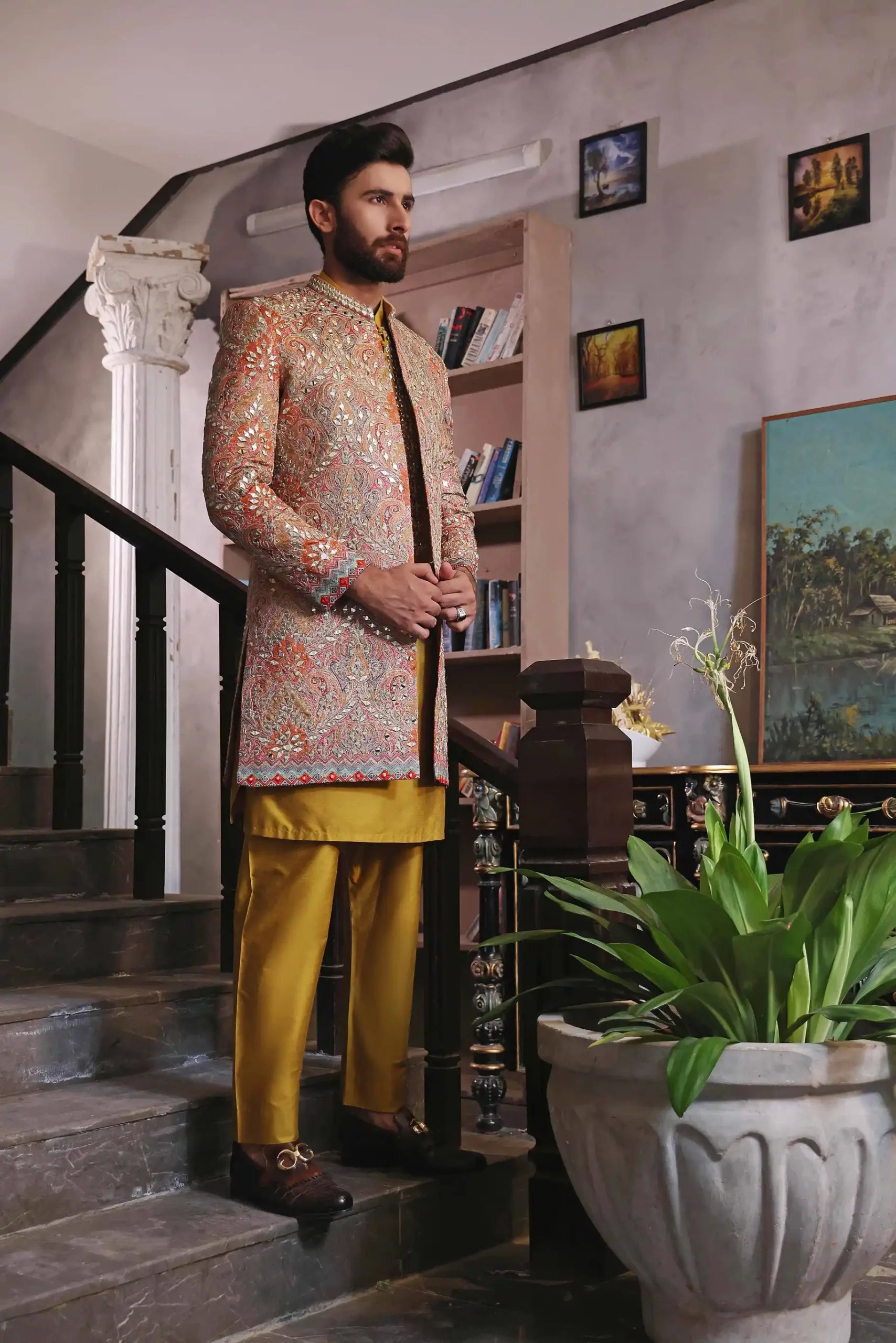 Salmon Gold Mirror Work Coat Fabric Achkan Sherwani (3-Piece) - Image 3