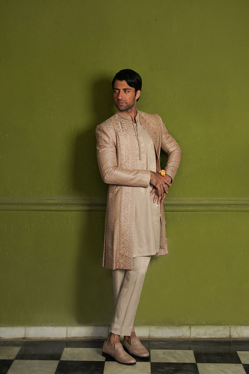 Salmon Pink Embroidered Organza Achkan Sherwani (2-Piece) - Image 1