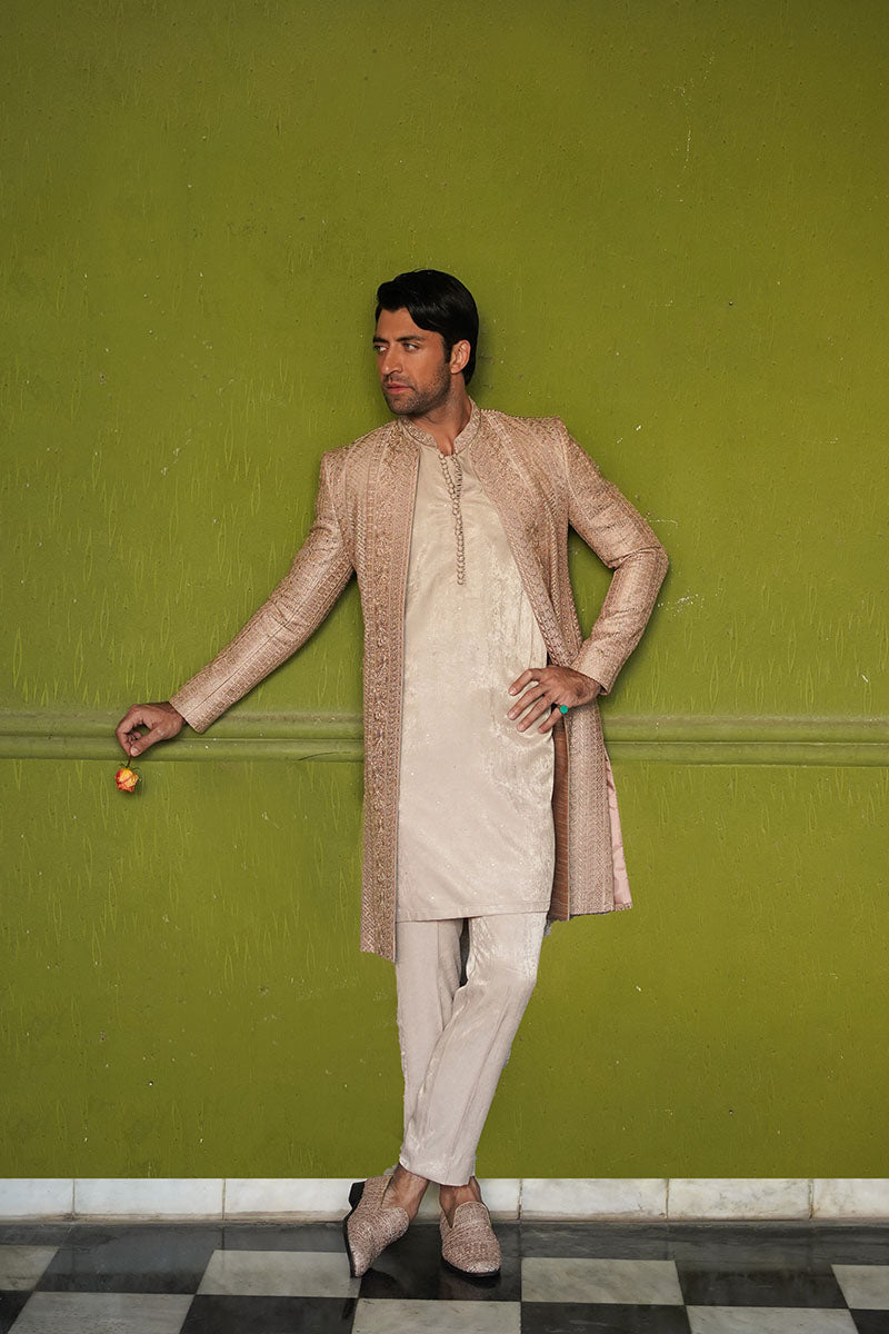 Salmon Pink Embroidered Organza Achkan Sherwani (2-Piece) - Image 2