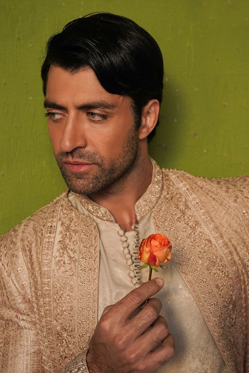 Salmon Pink Embroidered Organza Achkan Sherwani (2-Piece) - Image 3