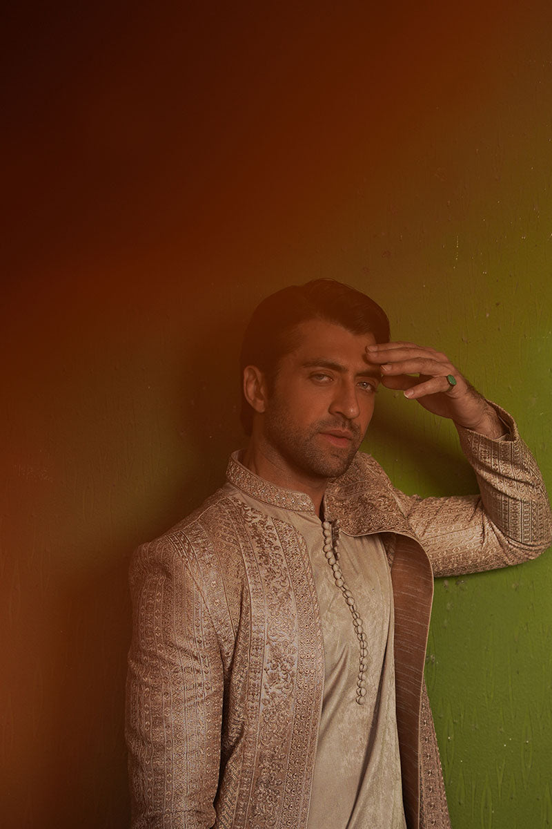 Salmon Pink Embroidered Organza Achkan Sherwani (2-Piece) - Image 4