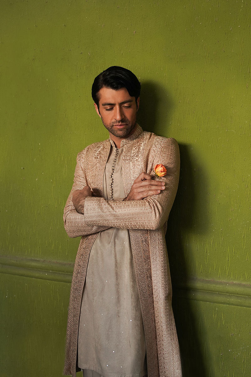 Salmon Pink Embroidered Organza Achkan Sherwani (2-Piece) - Image 5