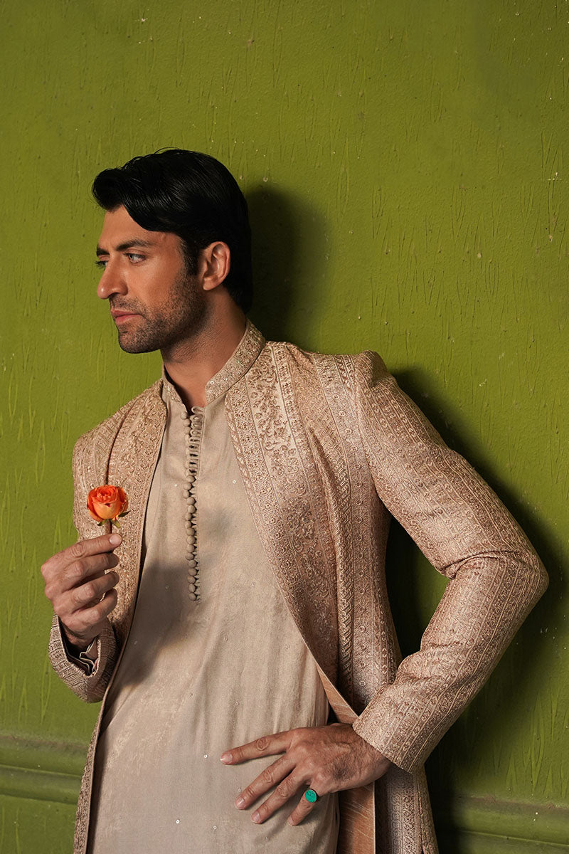 Salmon Pink Embroidered Organza Achkan Sherwani (2-Piece) - Image 6