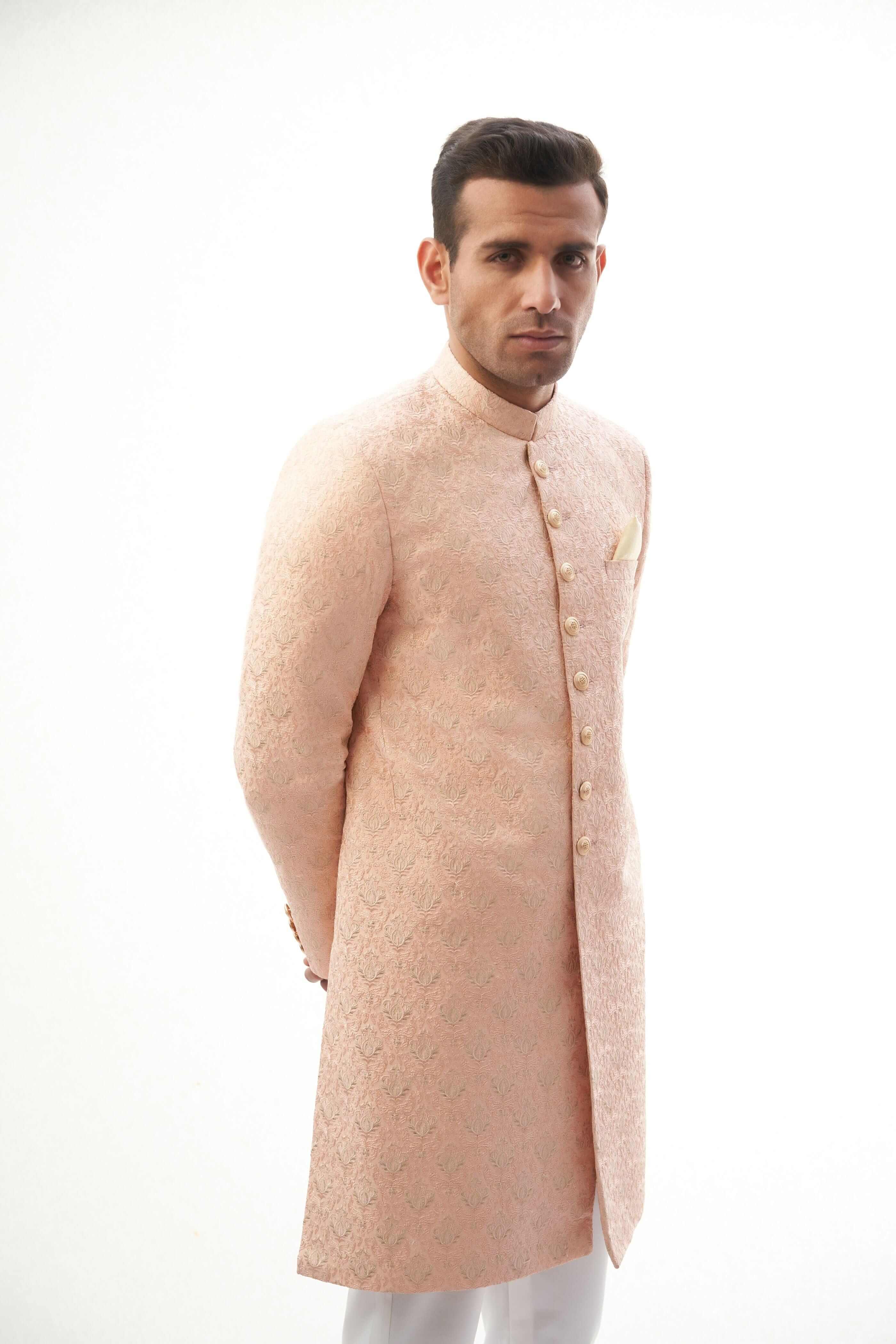 Peach Resham & Gold Tilla Rawsilk Sherwani (2-Piece) - Image 1