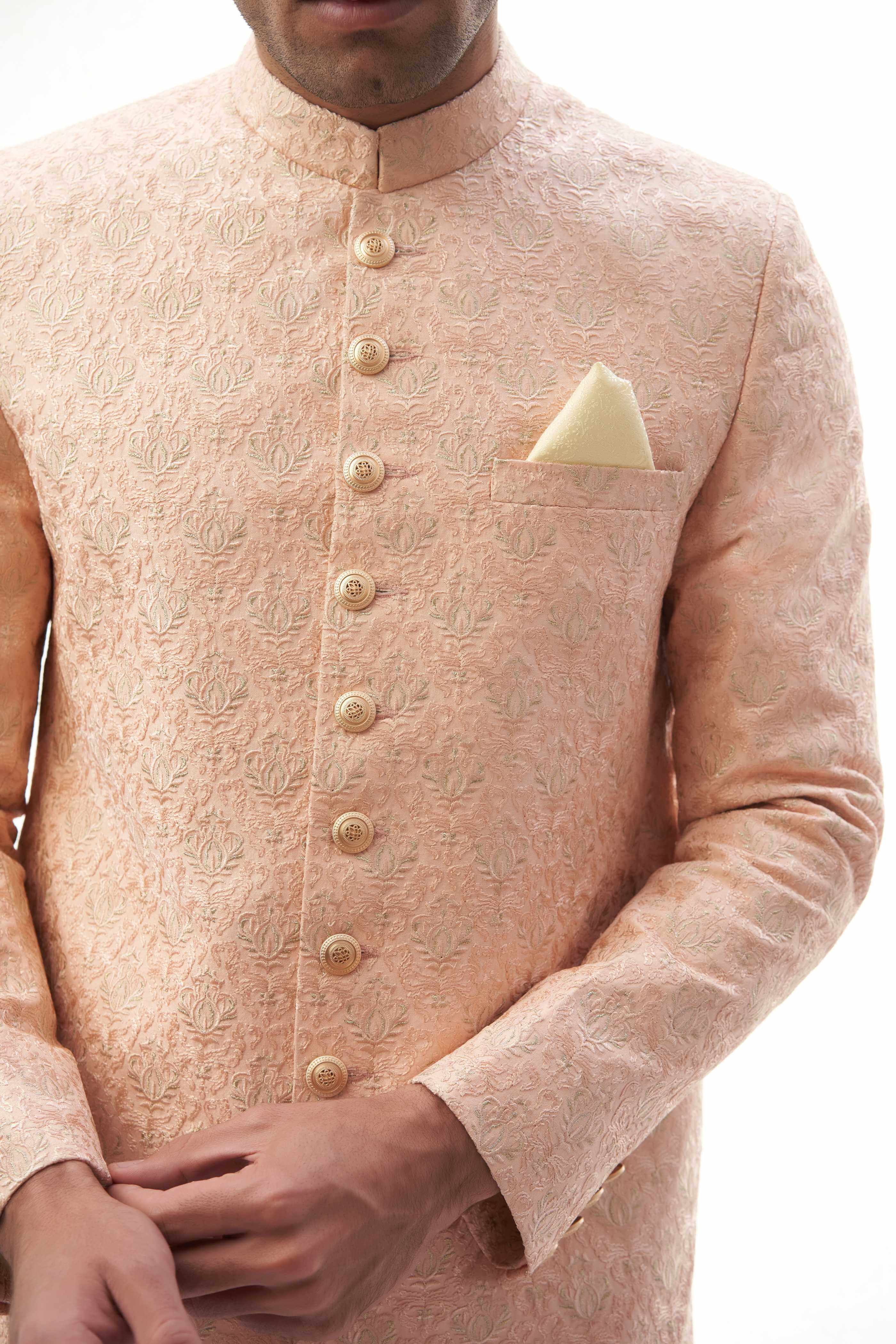 Peach Resham & Gold Tilla Rawsilk Sherwani (2-Piece) - Image 2