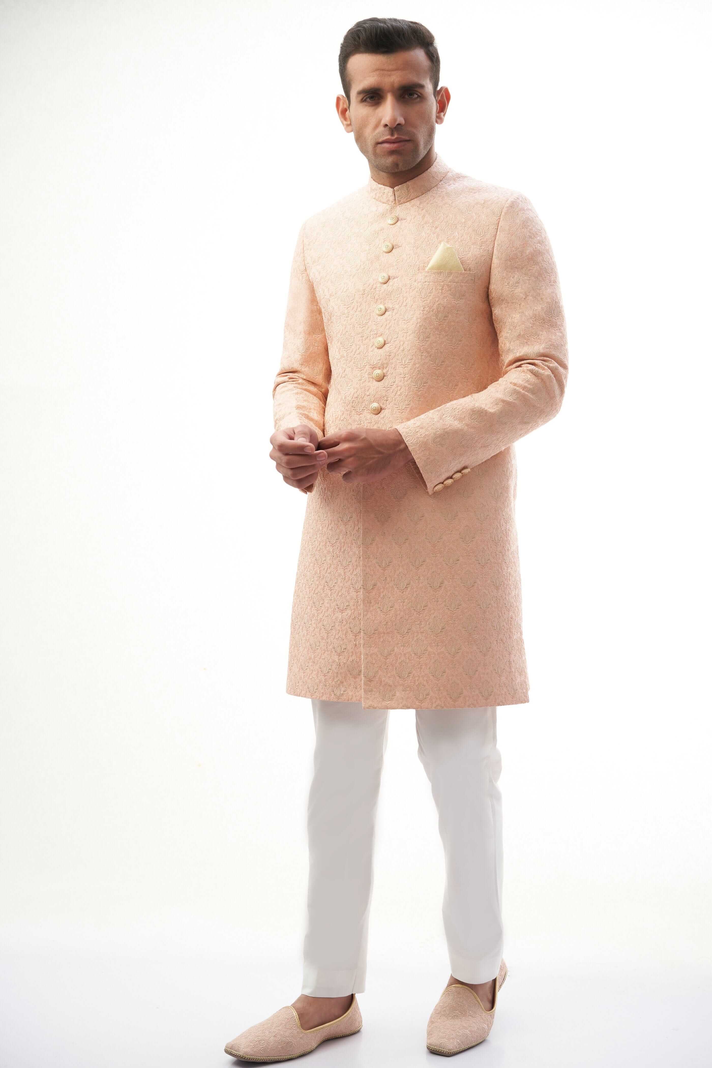 Peach Resham & Gold Tilla Rawsilk Sherwani (2-Piece) - Image 4