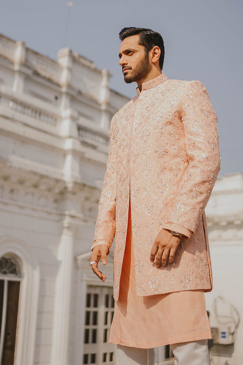 Peach Embroidered Raw Silk Short Sherwani (3-Piece) - Image 1