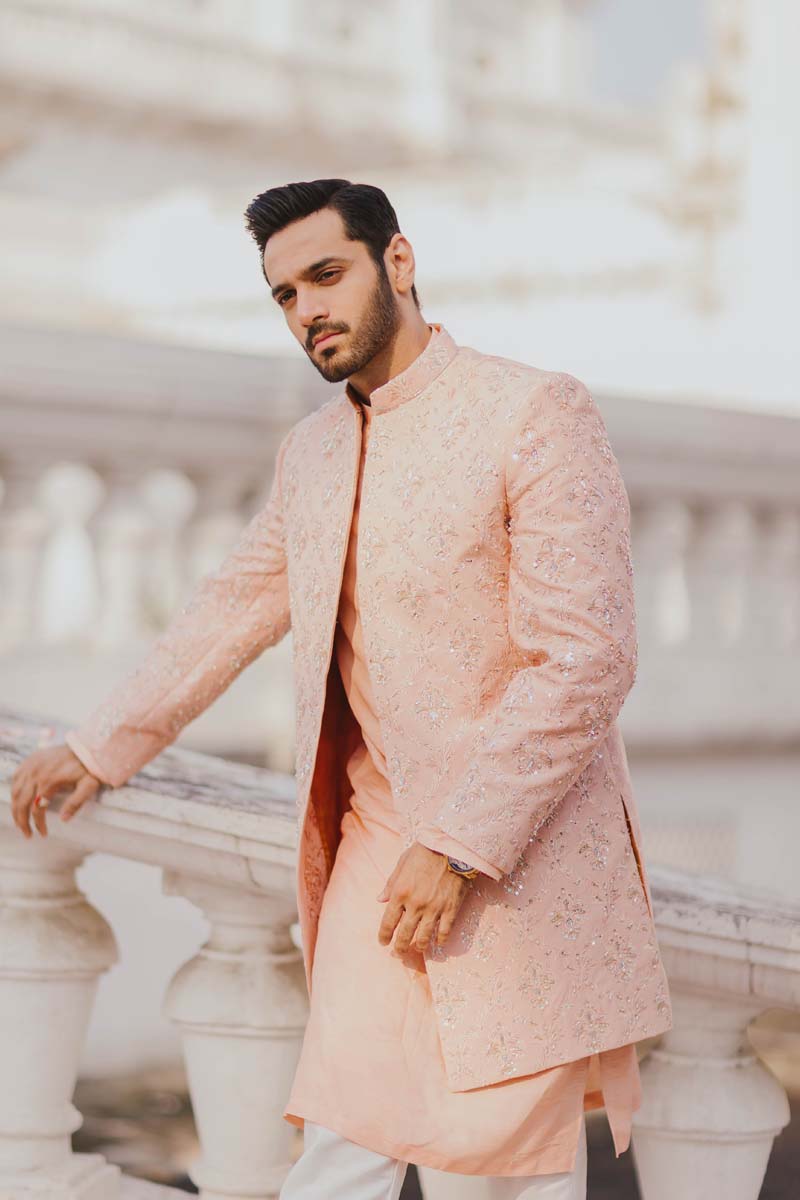 Peach Embroidered Raw Silk Short Sherwani (3-Piece) - Image 2